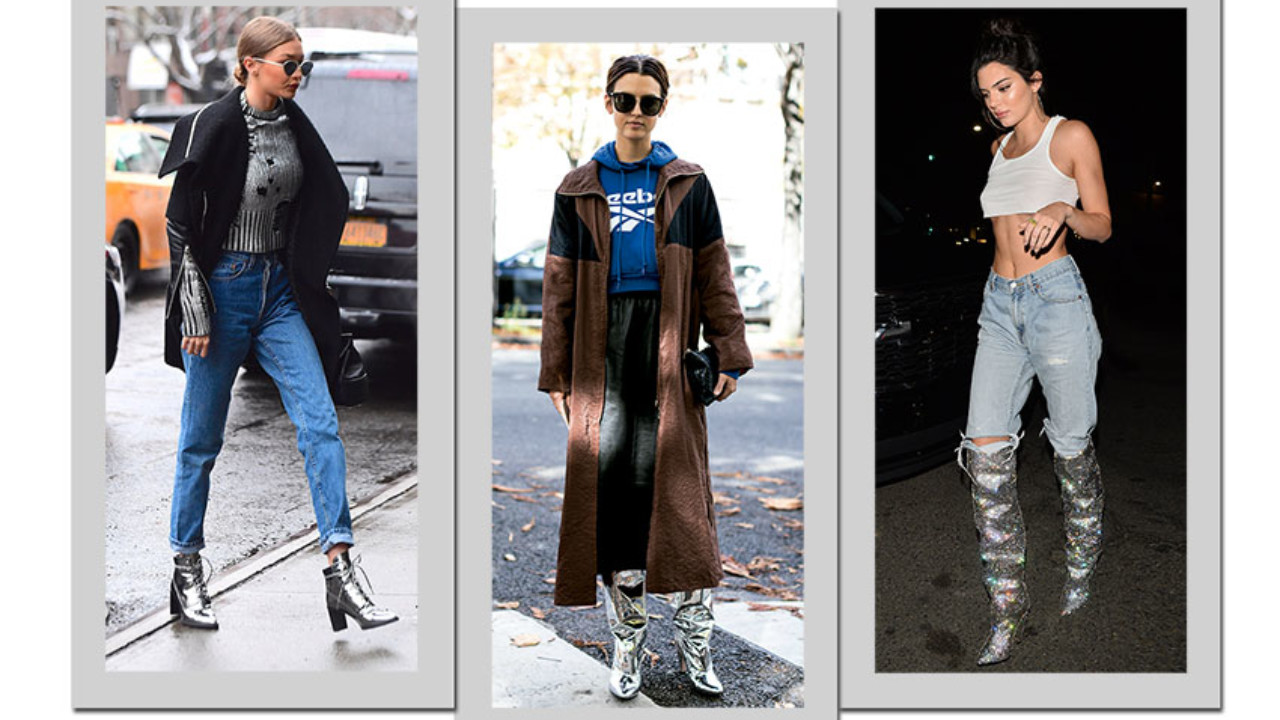 Montagem com fotos de três mulheres usando botas metalizadas