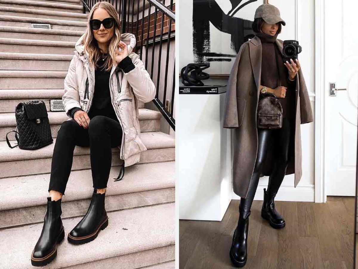 Foto 1: modelo usa bota Chelsea preta com legging / Foto 2: modelo usa bota Chelsea com legging