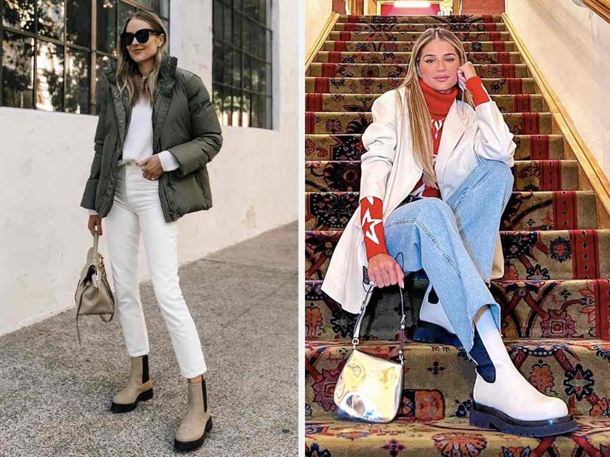 Foto 1: Mulher usa bota Chelsea marrom claro / Foto 2: Thassia Naves usa bota Chelsea branca