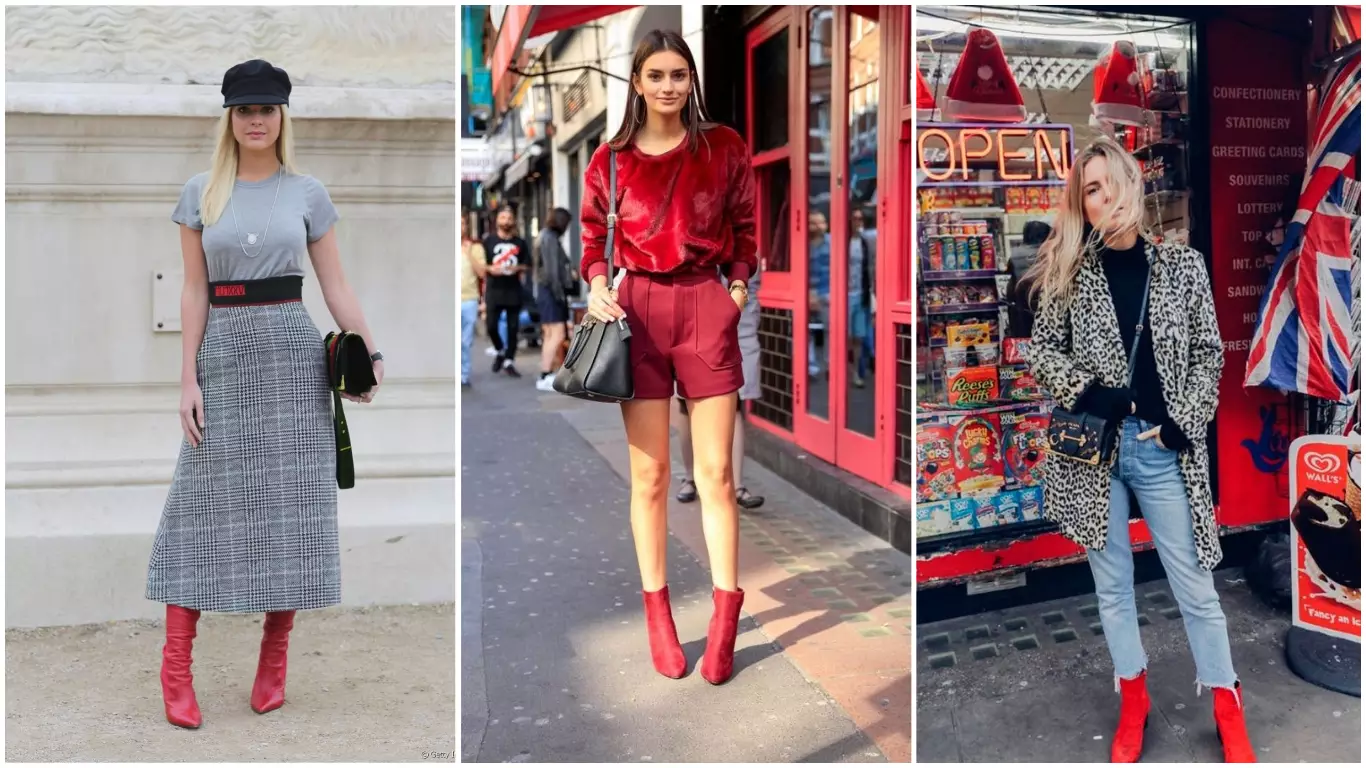 Montagem com três fotos de mulheres usando botas vermelhas